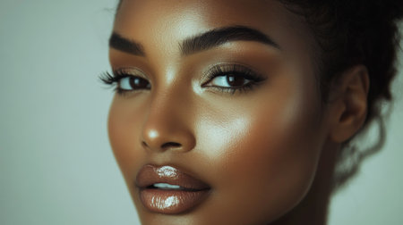 A stunning portrait capturing a woman with glowing skin, perfect makeup, and a confident expression. Ideal for beauty and fashion concepts.の素材