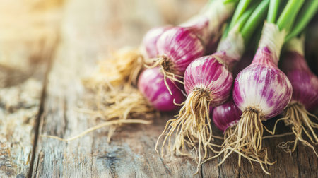 A close-up view of fresh red onions with vibrant colors and roots, resting on a rustic wooden table. Perfect for culinary themes and farm-fresh concepts.の素材