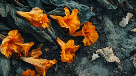 A stunning view of vibrant orange flowers laying on dark soil with wilted leaves. This image captures the beauty of nature's transition and decay.の素材