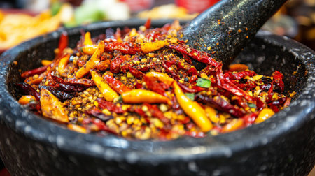 A close-up view of a traditional mortar and pestle filled with vibrant red chilies and spices, showcasing the rich colors and textures of culinary ingredients.の素材