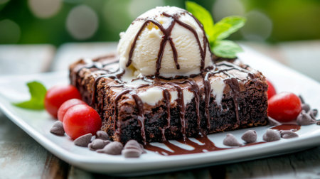 A mouthwatering brownie topped with a scoop of ice cream and drizzled with chocolate sauce, garnished with mint leaves and cherries. Perfect for dessert lovers!の素材
