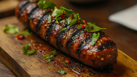 A beautifully grilled sausage garnished with fresh herbs and spices, served on a rustic wooden board. Perfect for BBQ parties or culinary presentations.の素材