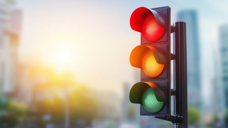 A vibrant traffic light displaying red, yellow, and green signals against a blurred urban background, emphasizing the importance of road safety in city settings.の素材
