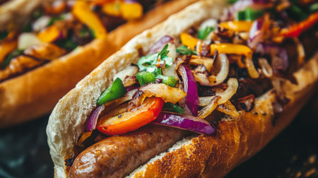 Enjoy a mouthwatering grilled sausage topped with vibrant onions and bell peppers, served in a soft bun. Perfect for summer gatherings and barbecues.の素材