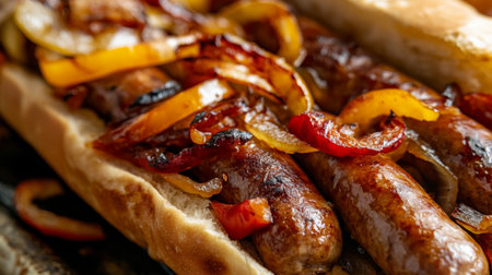 Juicy grilled sausages nestled in a soft bun topped with caramelized bell peppers, perfect for a summer barbecue or picnic gathering.の素材