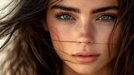 Captivating portrait of a young woman with freckles and stunning green eyes. The natural light accentuates her beauty, showcasing a serene expression.の素材