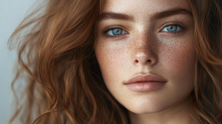 Captivating close-up portrait of a young woman with curly hair and striking blue eyes, showcasing her natural freckles and serene expression in soft lighting.の素材