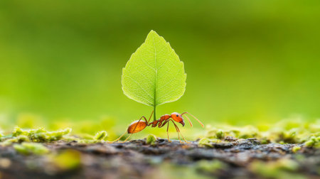 A small ant carries a green leaf on its back, set against a blurred green background. This macro shot highlights the beauty of nature and the ecosystem.の素材