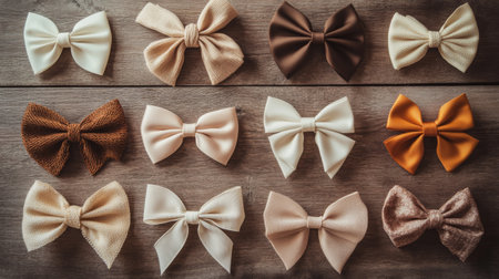 A charming collection of assorted fabric bows arranged neatly on a rustic wooden background, perfect for showcasing fashion accessories or craft ideas.の素材