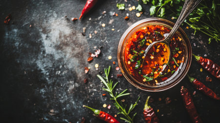An enticing jar of spicy chili oil sits on a rustic surface, surrounded by herbs and dried peppers. Perfect for adding flavor to any dish.の素材