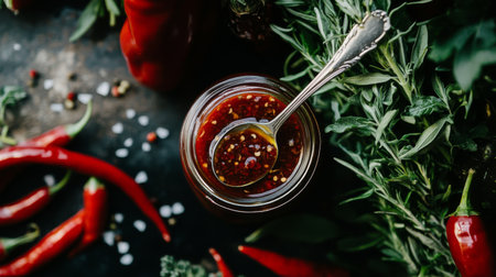 Vibrant red chili sauce presented in a jar, surrounded by fresh herbs and peppers. A perfect blend for adding spice and flavor to any dish.の素材