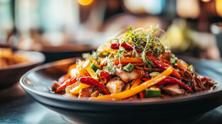 A vibrant dish featuring an array of fresh vegetables and herbs, artfully arranged for an appetizing presentation, perfect for any culinary setting.の素材