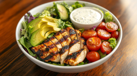 A vibrant grilled chicken salad featuring fresh greens, ripe tomatoes, creamy avocado, and a side of flavorful dressing, perfect for a healthy meal.の素材
