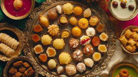 A beautiful assortment of traditional sweets displayed on a decorative platter, perfect for festive celebrations and special occasions. Ideal for cultural events.の素材