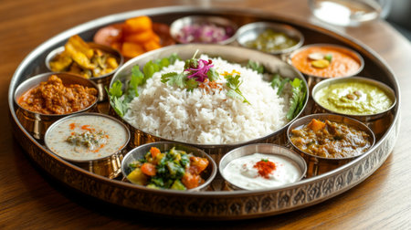 A vibrant Indian thali featuring rice surrounded by an array of colorful dishes. Perfect for capturing the essence of traditional culinary artistry.の素材