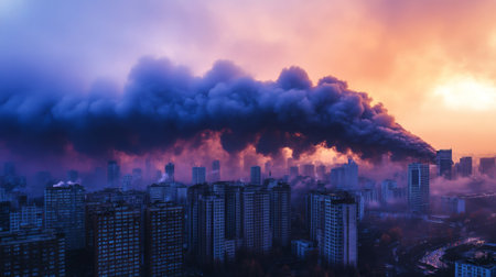 A dramatic view of dark smoke clouds hovering over urban buildings at sunset, creating a striking contrast of colors and highlighting environmental concerns.の素材