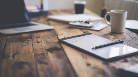 A cozy workspace featuring a laptop, notepad, and coffee on a rustic wooden table. Ideal for themes of productivity, creativity, and organization.の素材