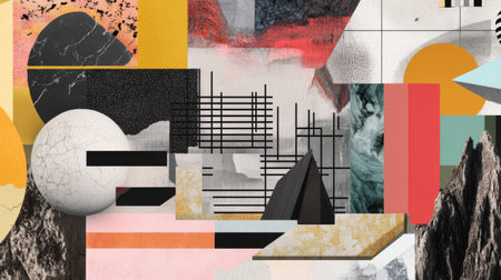 A vibrant abstract composition featuring geometric shapes and bold colors, showcasing a fusion of textures and patterns, ideal for modern design projects.の素材