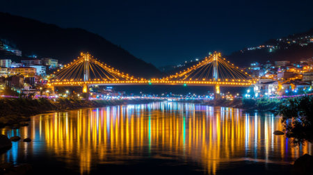 A beautifully illuminated bridge spans a serene river at night, showcasing vibrant reflections in the water and enchanting city lights, perfect for urban landscapes.の素材