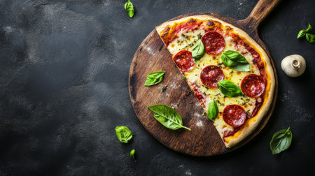 A delicious slice of fresh pepperoni pizza garnished with basil leaves sits on a wooden board. Perfect for culinary lovers and food photography enthusiasts.の素材