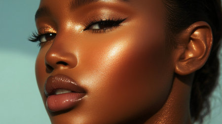 Captivating close-up portrait showcasing a radiant model with glossy skin and elegant makeup. Perfect for beauty and fashion themes, highlighting confidence and allure.の素材