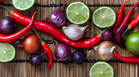 A vibrant assortment of fresh vegetables including limes, onions, and chilies arranged on a wooden surface, perfect for culinary inspirations and healthy cooking.の素材