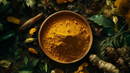 This image features golden turmeric powder in a wooden bowl, surrounded by natural elements, highlighting the beauty and benefits of this vibrant spice in culinary and wellness contexts.の素材