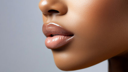 This close-up image features glossy lips and flawless skin, highlighting beauty and elegance. Ideal for beauty, skincare, and fashion-themed projects.の素材