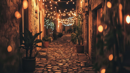 A serene night alleyway adorned with warm string lights, showcasing cobblestone pathways and lush plants, perfect for evening strolls and romantic getaways.の素材