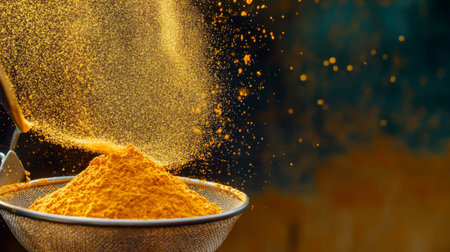 A dynamic shot of turmeric powder flowing through a strainer, showcasing its vibrant yellow color and fine texture, perfect for culinary and health-focused themes.の素材