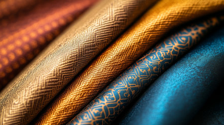 Close-up view of luxurious textured fabrics in rich colors, showcasing intricate patterns and details. Perfect for design and textile inspiration.の素材