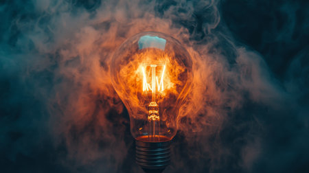 A striking image of a glowing light bulb enveloped in swirling smoke, symbolizing creativity and inspiration. Perfect for design and technology themes.の素材