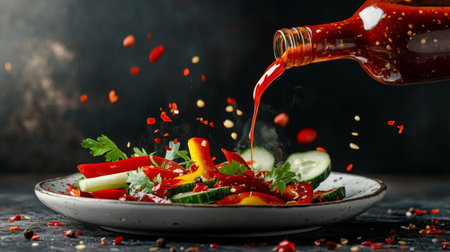 A vibrant salad featuring fresh vegetables and a spicy sauce pouring over it, creating an appetizing and colorful display on a plate. Perfect for food photography.の素材
