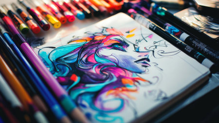 A dynamic workspace filled with colorful art supplies surrounding a striking portrait sketch. Perfect for themes of creativity and artistic expression.の素材