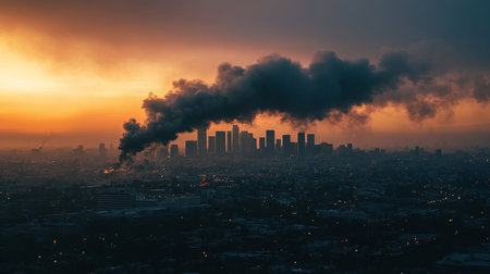 This striking image captures a polluted urban skyline at sunset, showcasing smoke rising from buildings amidst a dramatic sky, highlighting environmental challenges.の素材