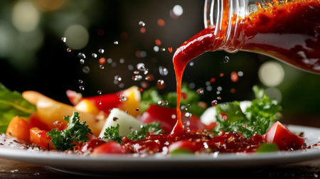 A vibrant salad topped with fresh vegetables and a rich dressing, captured mid-pour, showcasing healthy and colorful ingredients for a delightful meal.の素材
