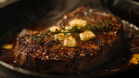 A mouth-watering steak sizzling in a skillet, topped with butter and fresh thyme. Perfect for food lovers seeking gourmet recipes and cooking inspiration.の素材