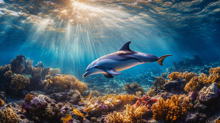 A graceful dolphin swims through a colorful coral reef, showcasing vibrant marine life illuminated by soft sunlight filtering through the water.の素材