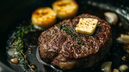 A mouthwatering close-up of a perfectly seared steak topped with melting butter and fresh thyme. Ideal for food enthusiasts and culinary lovers.の素材