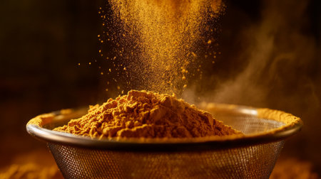Fine golden spice cascades through a sieve, highlighting its rich texture and vibrant color. Ideal for culinary and health-focused projects.の素材