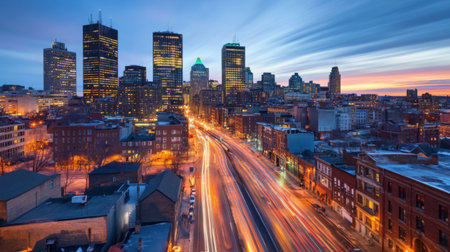 A stunning cityscape at dusk showcasing vibrant lights and moving traffic. The panoramic view highlights urban architecture against a colorful sky.の素材