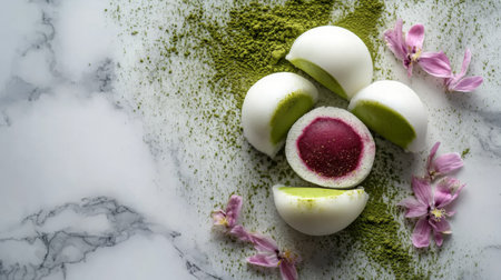 A visually stunning dessert featuring mochi with matcha and a cherry filling, garnished with delicate cherry blossoms on a marble surface.の素材