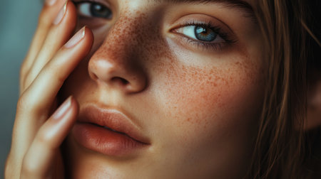 A captivating close-up portrait of a young woman showcasing her natural freckles and expressive gaze, highlighting beauty and serenity in soft lighting.の素材