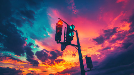 A captivating sunset featuring silhouetted traffic lights against a colorful sky, showcasing vibrant hues of orange, blue, and red clouds.の素材