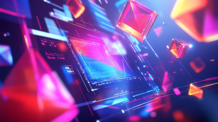 Eye-catching digital artwork featuring colorful geometric shapes floating in a tech-inspired space, creating a vibrant and dynamic visualization of innovation and creativity.の素材