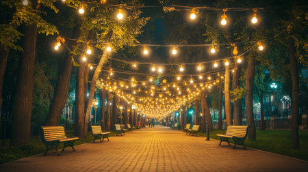 A beautifully illuminated pathway adorned with glowing string lights creates a magical atmosphere in a tranquil park, inviting relaxation and peace.の素材