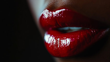 A captivating close-up of glossy red lips, showcasing the allure and sensuality of beauty. Perfect for themes of fashion, elegance, and makeup artistry.の素材