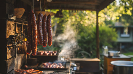 A rustic outdoor kitchen scene featuring sausages hanging and sizzling on a grill, surrounded by nature. The warm sunlight enhances a delicious cooking atmosphere.の素材