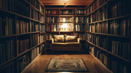 A cozy reading nook featuring a comfortable couch surrounded by shelves of books. Soft lighting creates a warm ambiance, ideal for relaxation and study.の素材