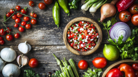 A vibrant display of fresh vegetables arranged on a wooden table, perfect for salad preparation. Includes tomatoes, onions, peppers, and herbs.の素材